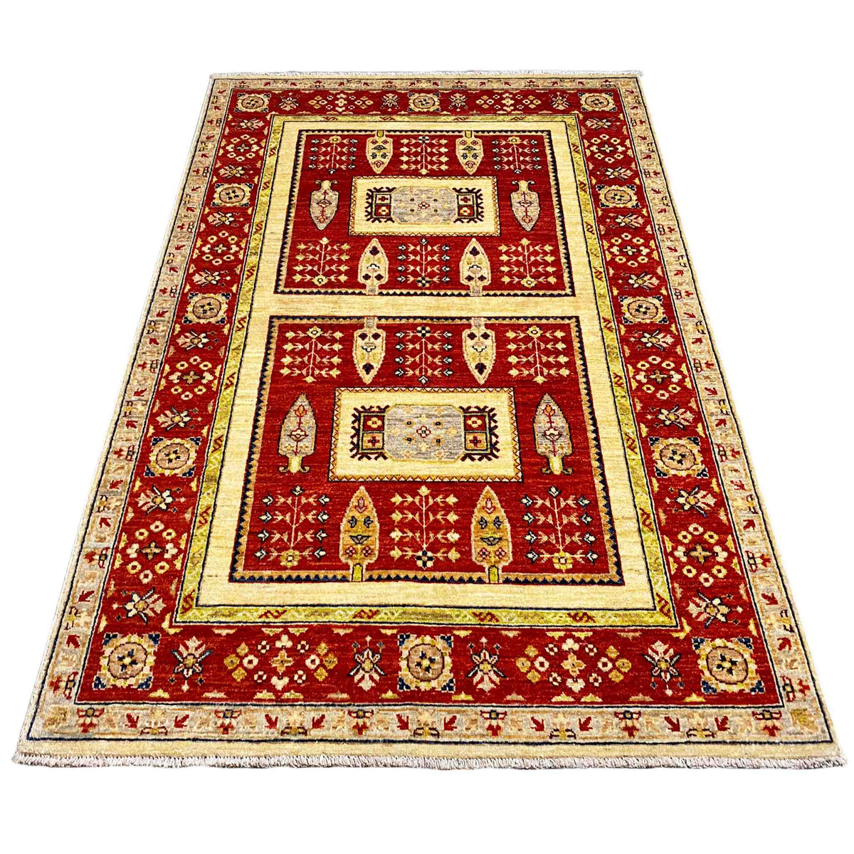 Rectangular Khorjin rug with a red pattern, cream border and decorative bar motifs