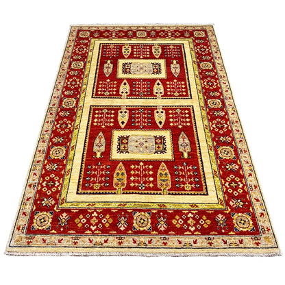 Rectangular Khorjin rug with a red pattern, cream border and decorative bar motifs
