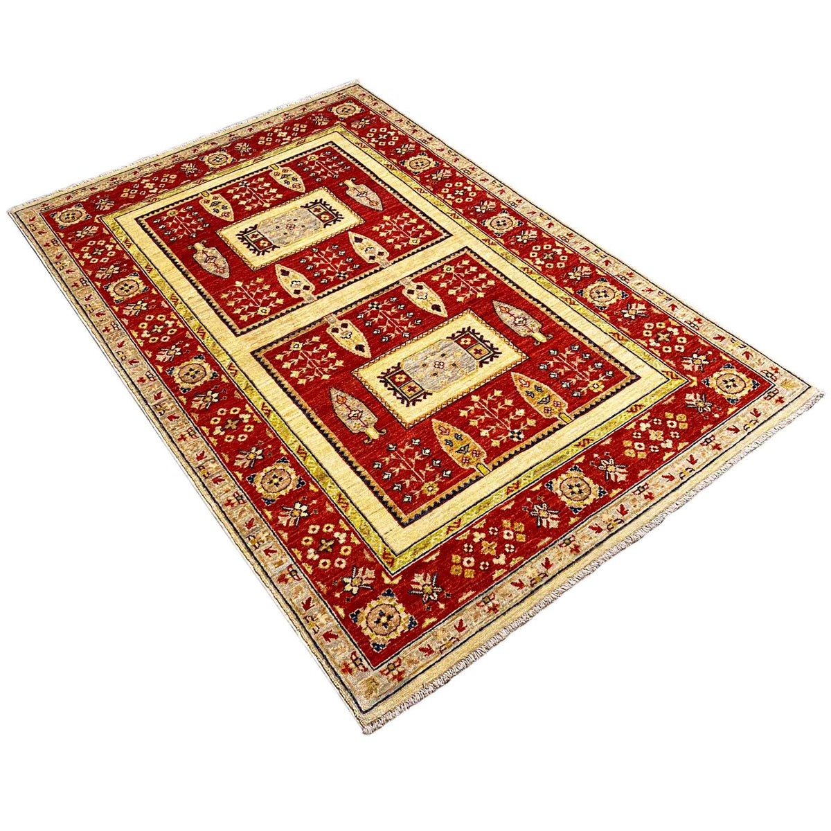 Red Khorjin rug with symmetrical ornamental design and a wide cream border