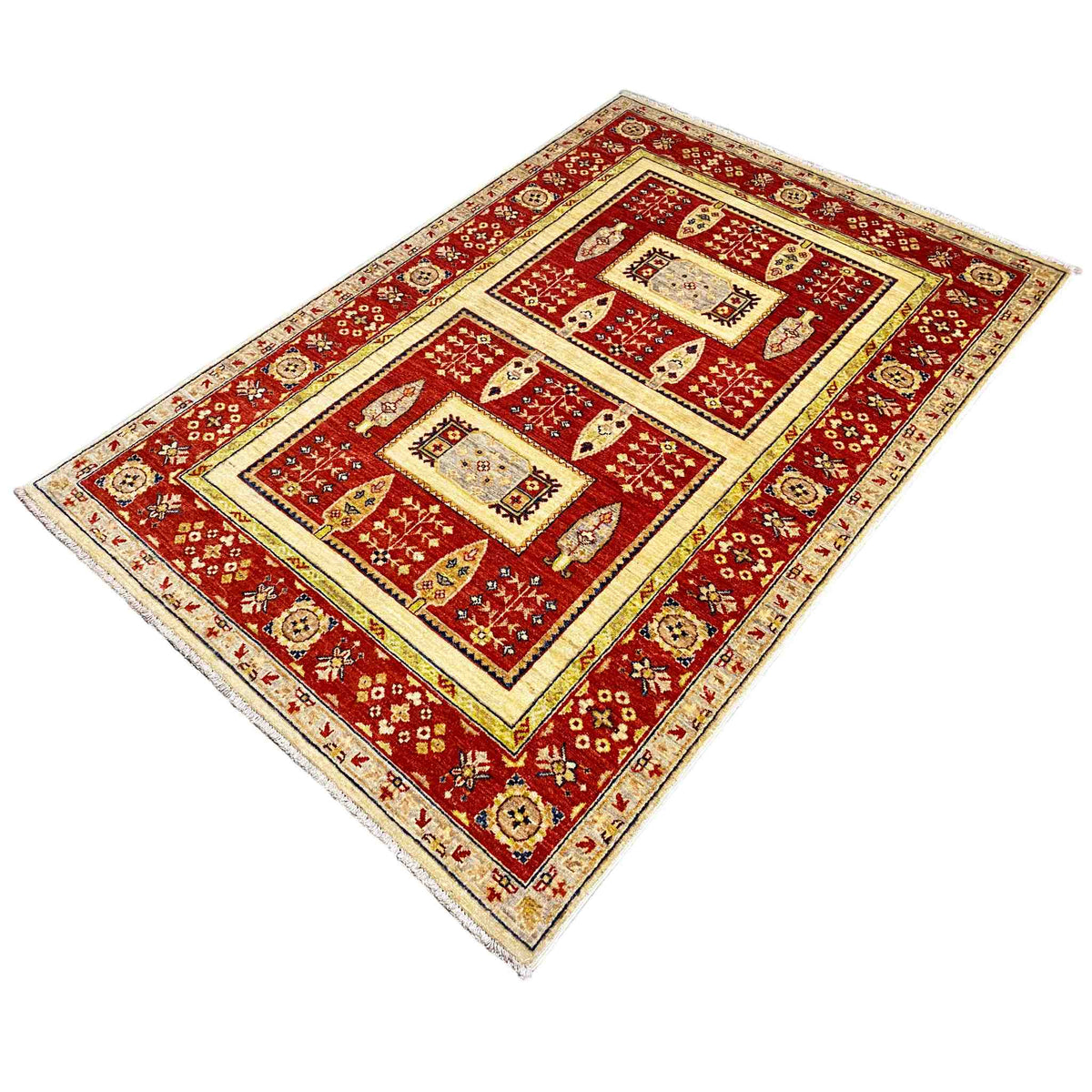 Khorjin rug with a red ornamental field, cream linear border and stylized animal motifs
