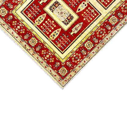 Khorjin rug corner with a red pattern, cream border, and fine decorative line along the edge