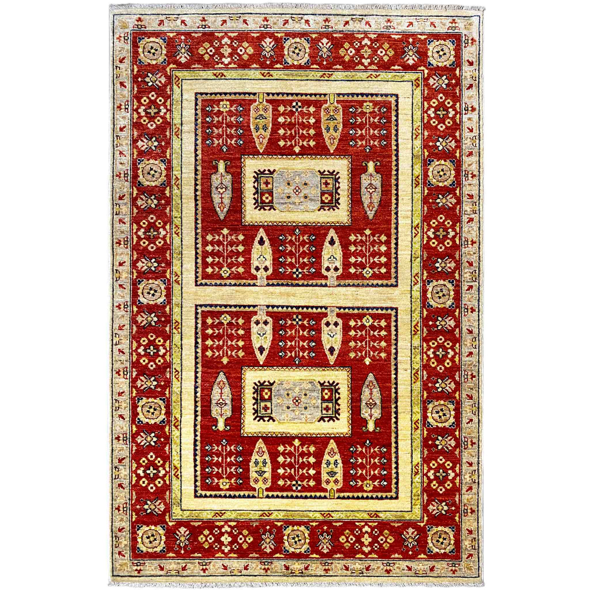 Khorjin rug with a red background, cream-colored border, and central motif panels
