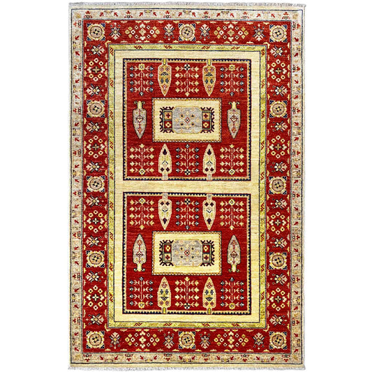 Khorjin rug with a red background, cream-colored border, and central motif panels