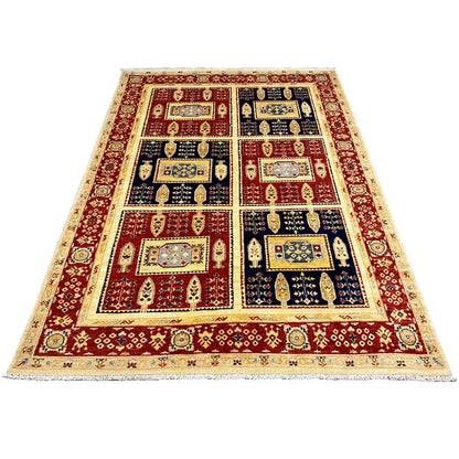 Rectangular Khorjin rug with geometric panels in red, blue and cream