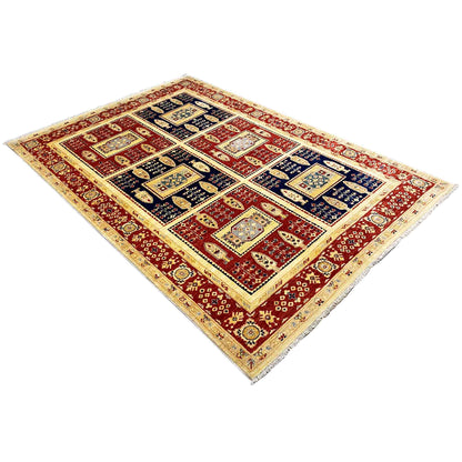 Khorjin rug diagonal view: red inner fields, blue patterns, cream border