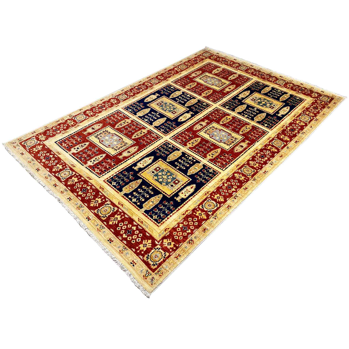 Khorjin rug photographed at an angle with a geometric design in red and dark blue