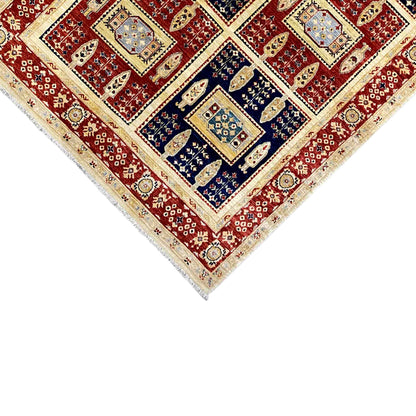 Khorjin rug corner with border and geometric motifs in red, blue, and cream