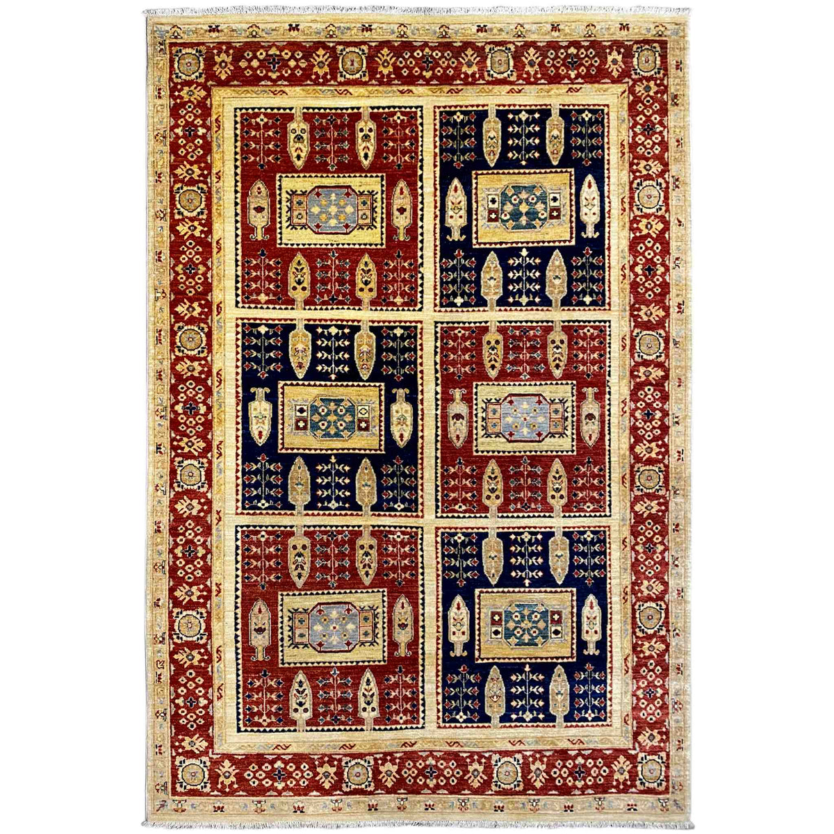 Khorjin rug with a bold geometric pattern in red, blue, and beige