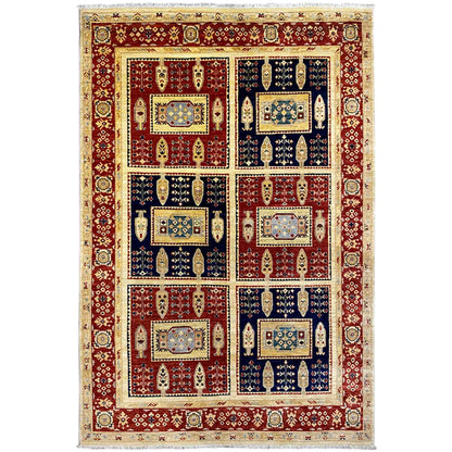 Khorjin rug with a bold geometric pattern in red, blue, and beige