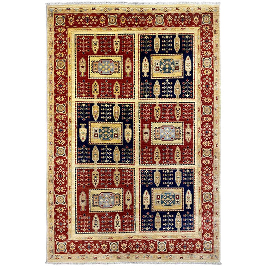 Khorjin rug with a bold geometric pattern in red, blue, and beige