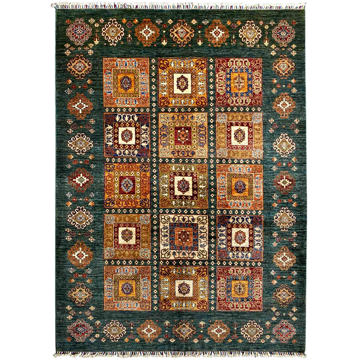 Khorjin rug with a blue-green geometric pattern and fringes, rectangular