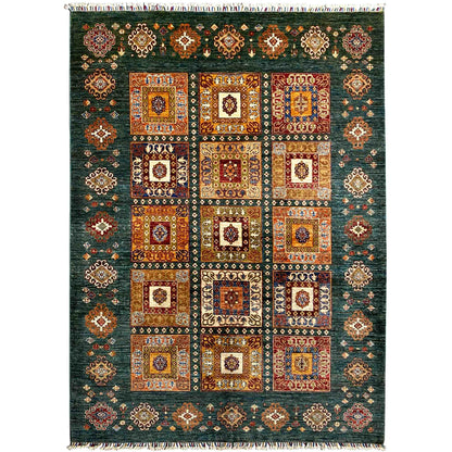 Khorjin rug with a blue-green geometric pattern and fringes, rectangular