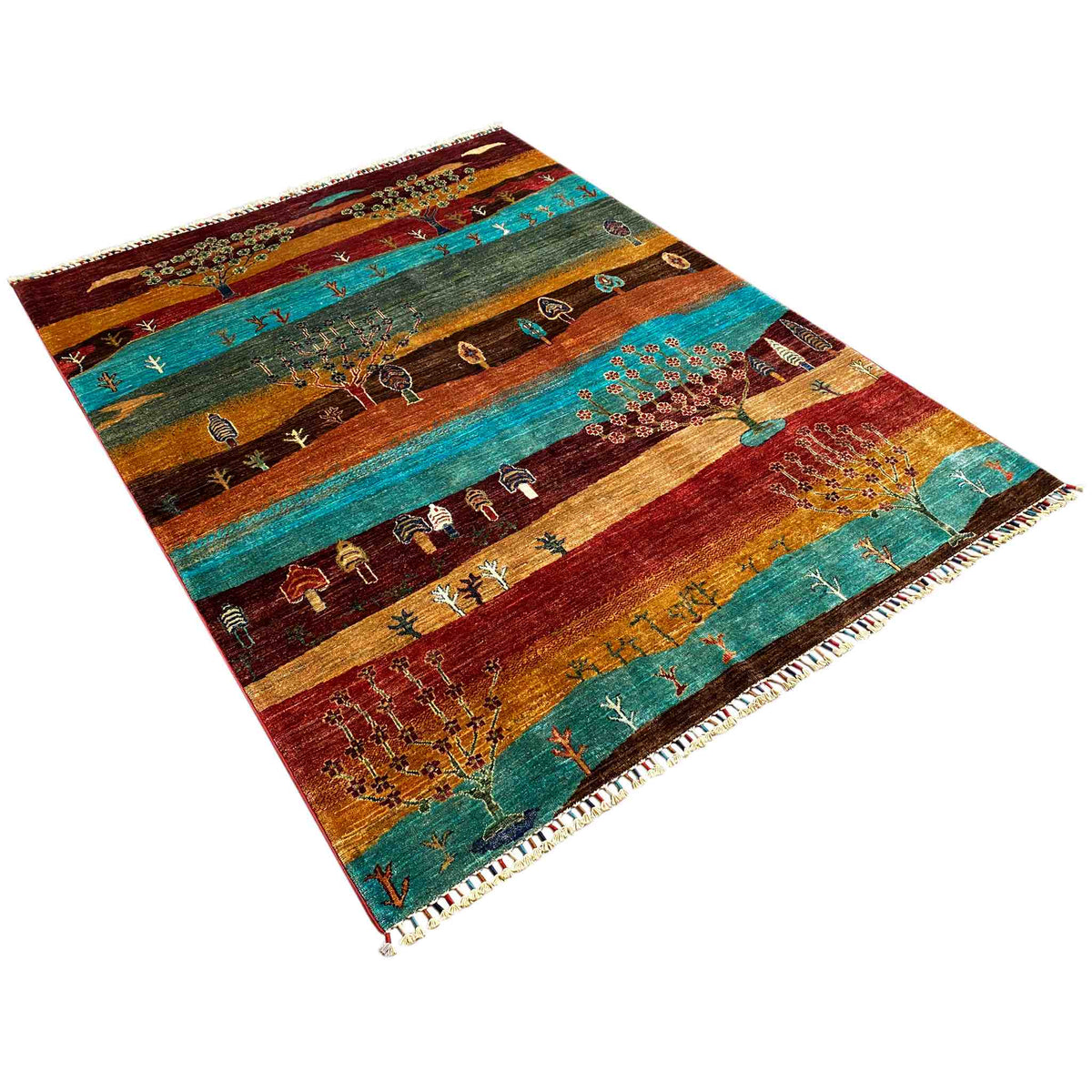 Khorjin rug draped diagonally with a landscape pattern and fringes along the edges