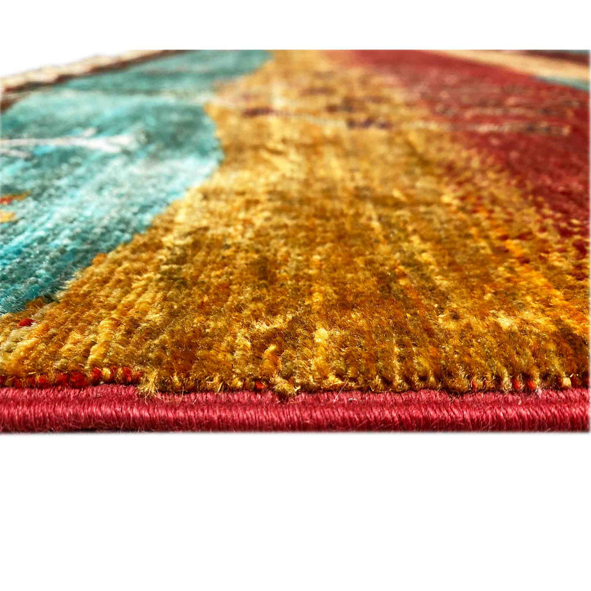 Close-up of the pile surface of a Khorjin rug, multicolored with a border and fringes