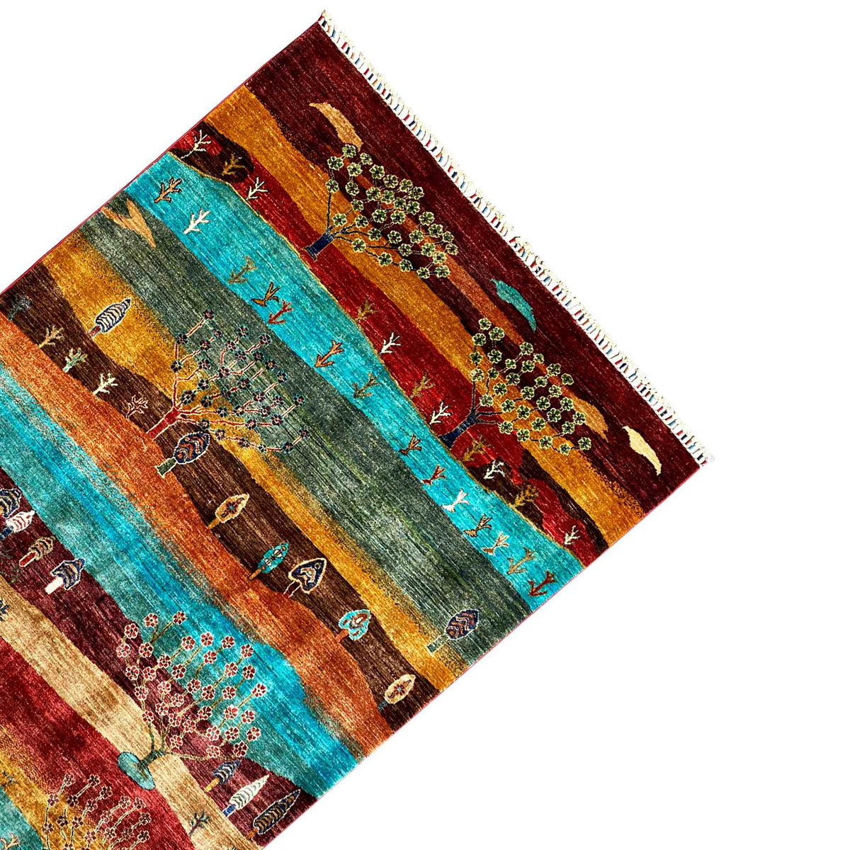Khorjin rug corner view with tree of life motif, colorful stripes, and fringes