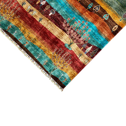 Khorjin rug close-up of a corner: landscape ornaments and fringed border