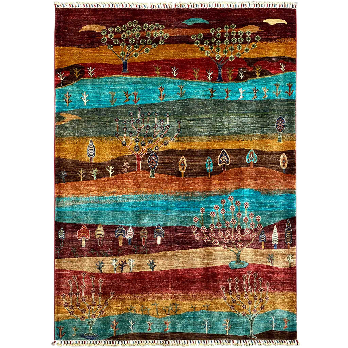 Khorjin rug with landscape and tree of life motif, multicolored, with fringes