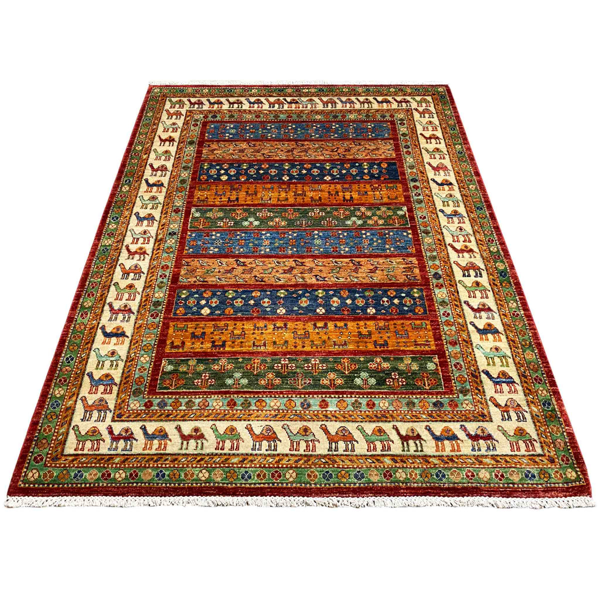 Rectangular rug with camel trim and multicolored striped panels
