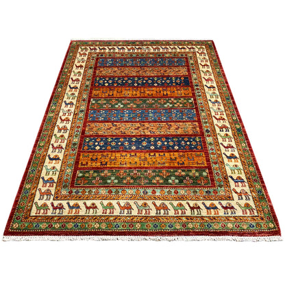 Rectangular rug with camel trim and multicolored striped panels