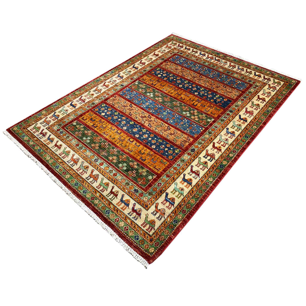 Rug with camel border, colorful frame stripes and patterned panels, rectangular