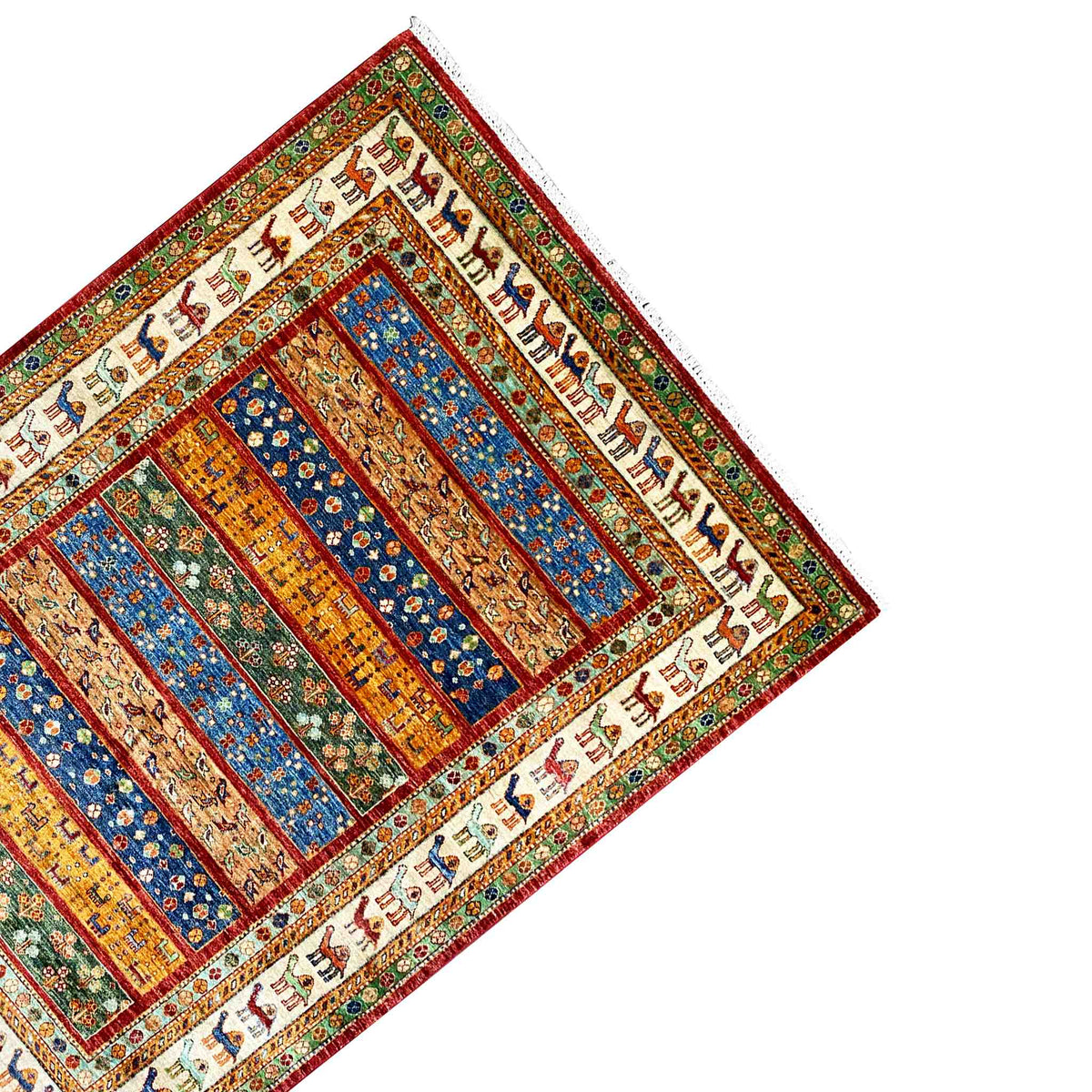 Carpet detail with camel motifs along the edge and colorful borders