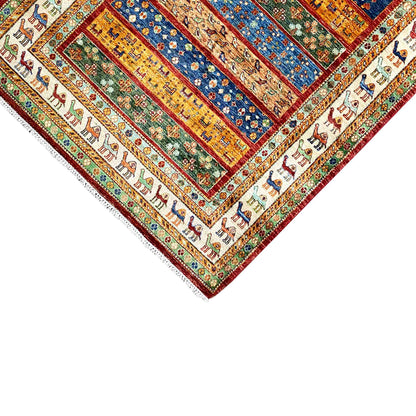 Rug corner with a camel border and multicolored striped sections, rectangular