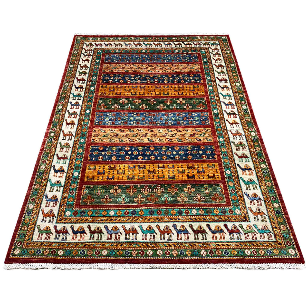 Rug with a colored central field, multicolored border, and animal-pattern frame, rectangular