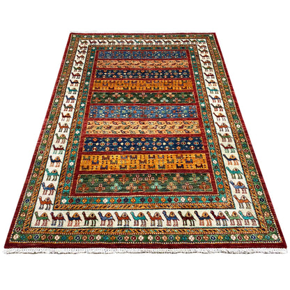 Rug with a colored central field, multicolored border, and animal-pattern frame, rectangular