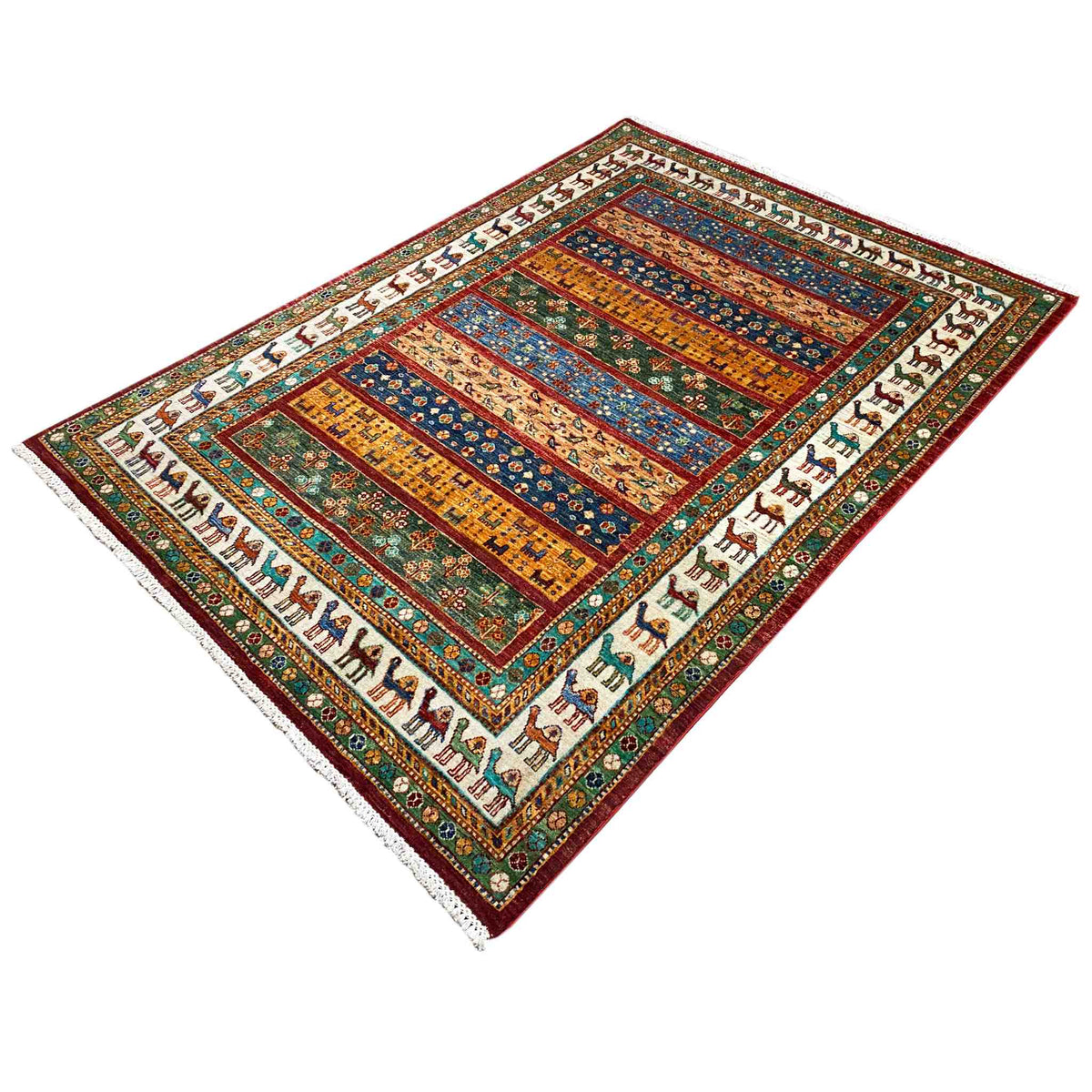 Rug viewed from above with multicolored border bands and animal stripes, rectangular