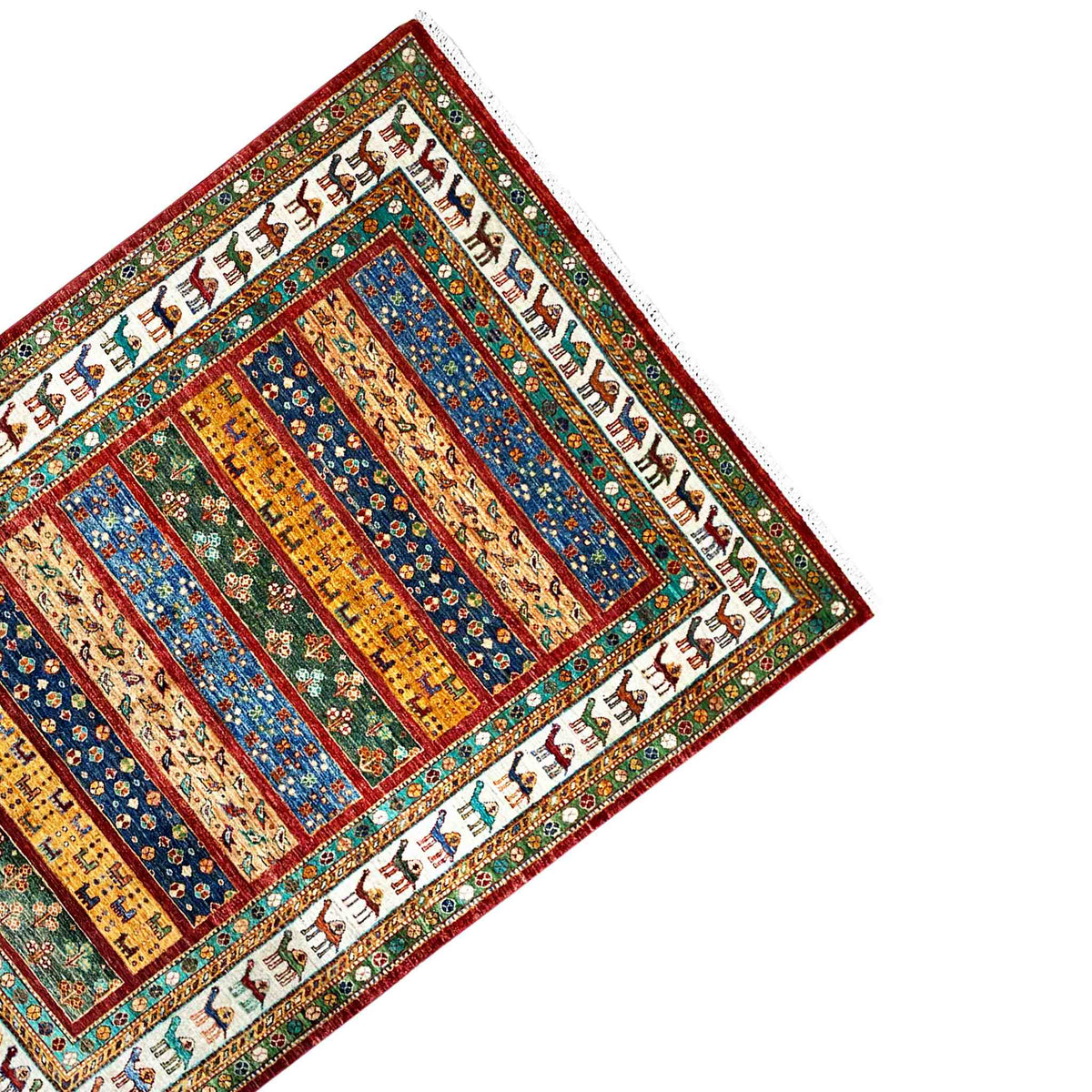 Rug corner with braid-like border lines, animal band along the border