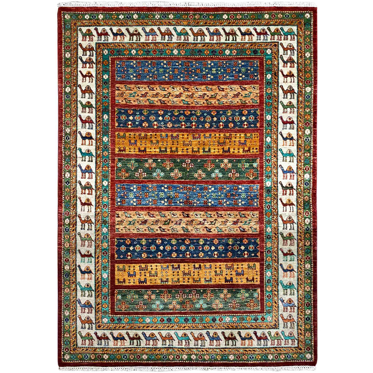Khorjin rug with multicolored border design and animal motifs, rectangular, 208x153 cm