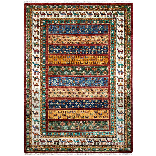 Khorjin rug with multicolored border design and animal motifs, rectangular, 208x153 cm
