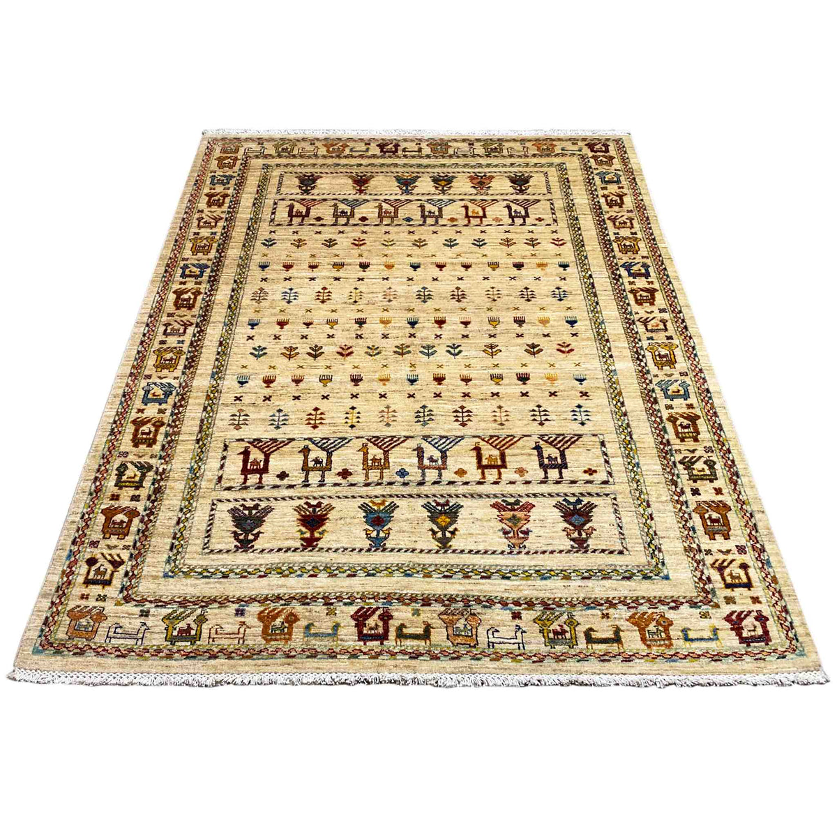 Rectangular rug with a light-colored pattern, border, and small multicolored symbols