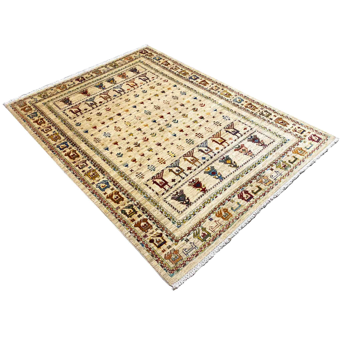 Vintage-look rug with a light background, colorful patterns, and border accents