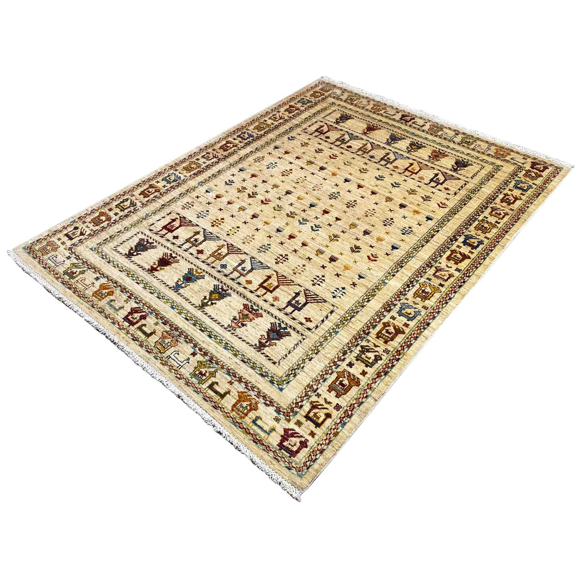Rug with a light background, central motifs, and a dark border