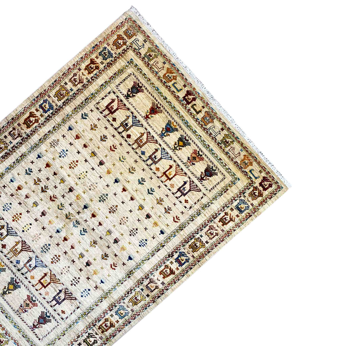 Rug corner with a light background, border lines, colorful symbols, and fringes