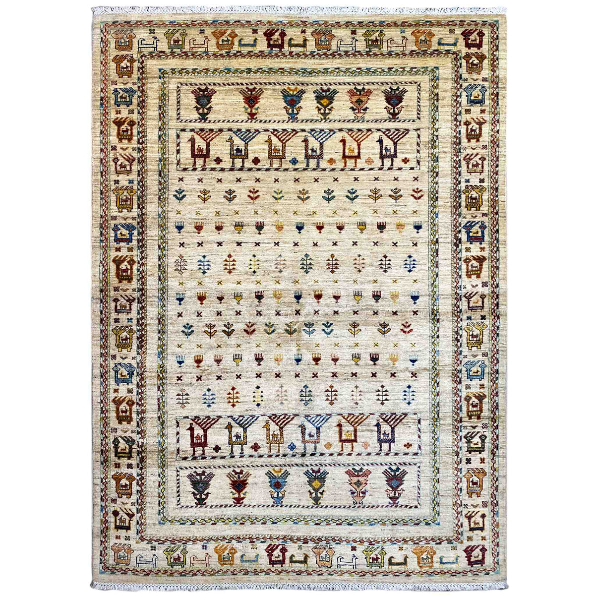 Rug with a light background and multicolored tribal motifs in the border