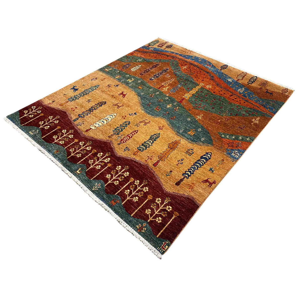 Multicolored rug with a landscape design, paths, figures, and rows of trees, rectangular.