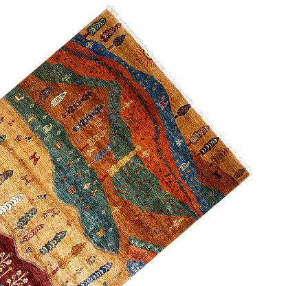 Oblique view of the landscape carpet with a blue band, green areas, and small rows of figures.
