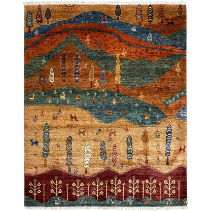 Multicolored landscape rug with hills, trees, and small figures, rectangular, with fringes.