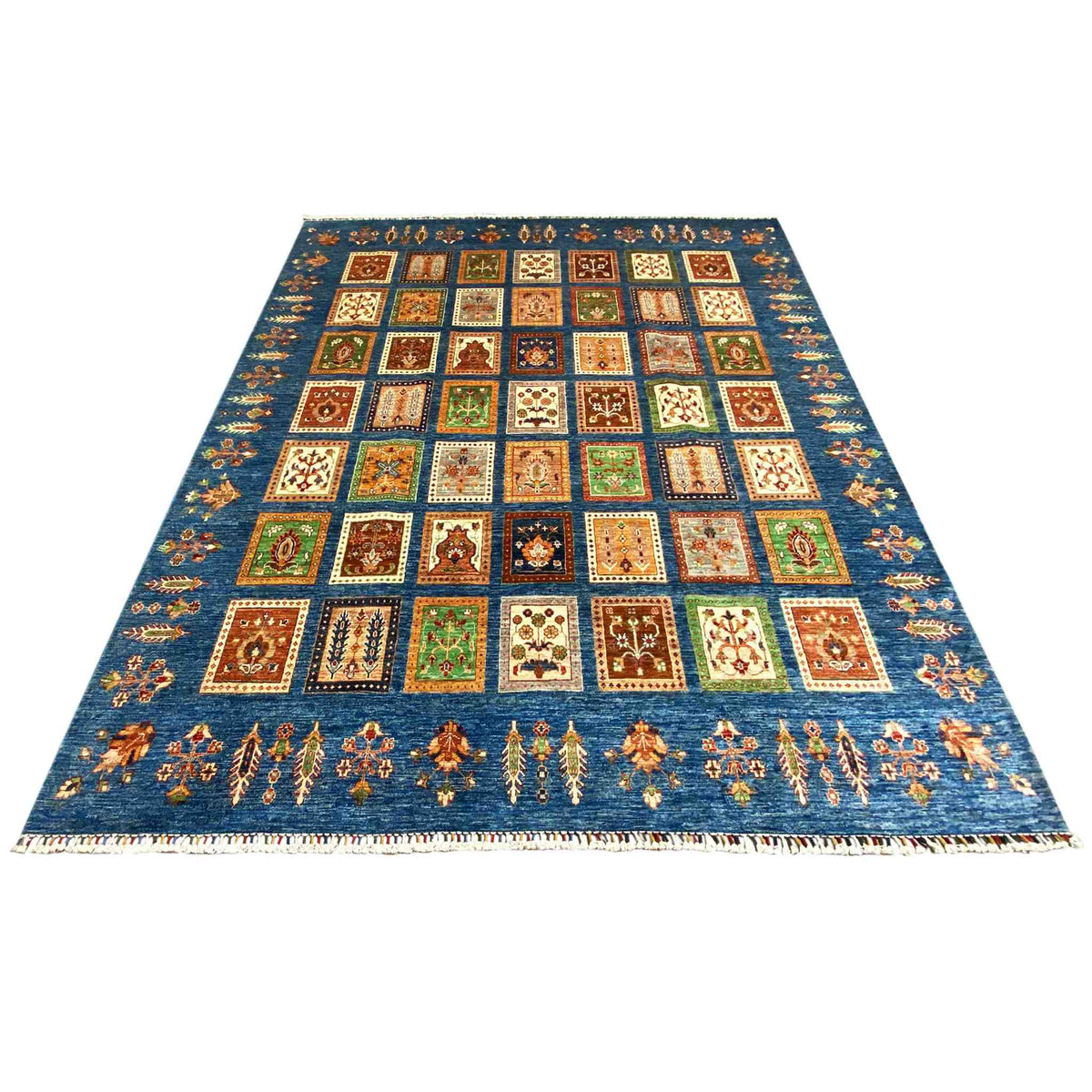Blue rug with colorful squares and border, Khorjin panel design, fringes