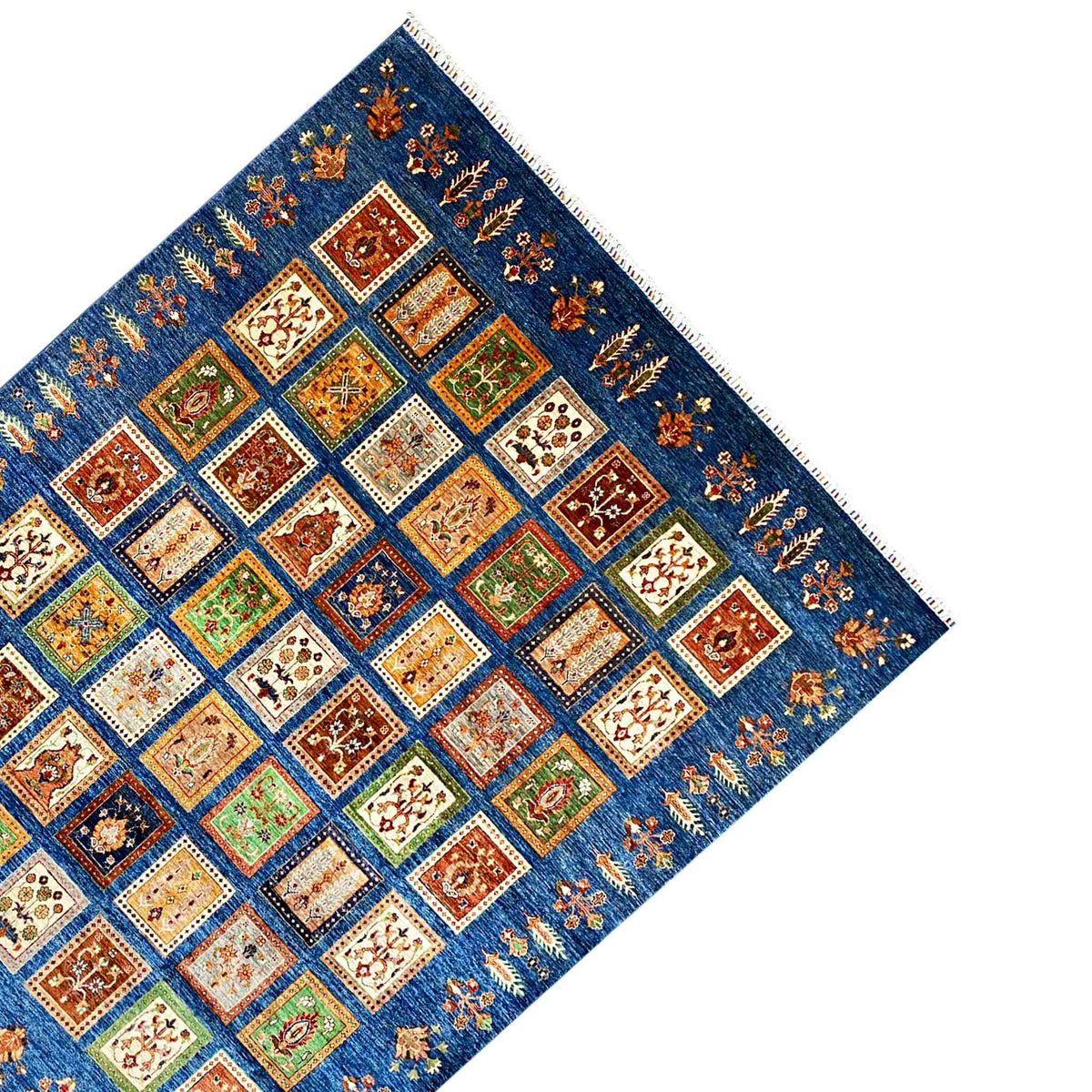 Blue rug with Khorjin panel design, colorful tiles, decorative stitching along the edge