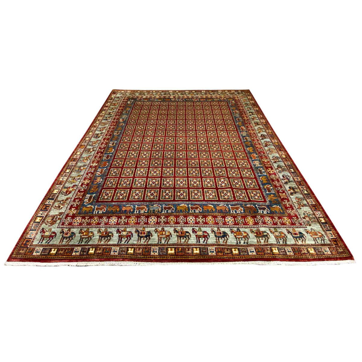Red Khorjin rug with a geometric pattern, blue border, and many frame lines