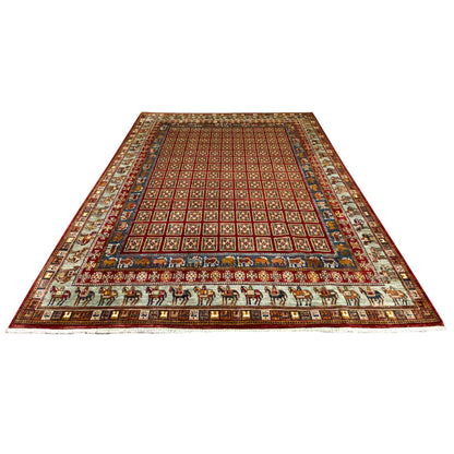 Red Khorjin rug with a geometric pattern, blue border, and many frame lines