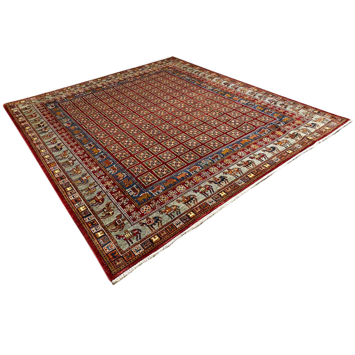 Khorjin rug in three-quarter view: red field with finely patterned rows and borders