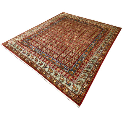 Khorjin rug from an oblique perspective, red patterned field with a blue central band and border