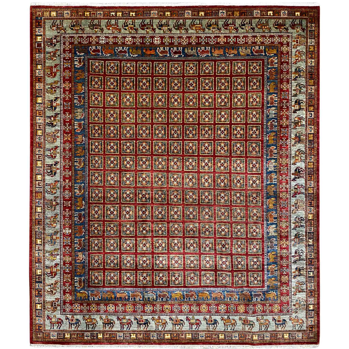 Geometric khorjin rug with a red central section, blue edging, and tribal borders