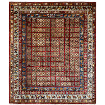 Geometric khorjin rug with a red central section, blue edging, and tribal borders