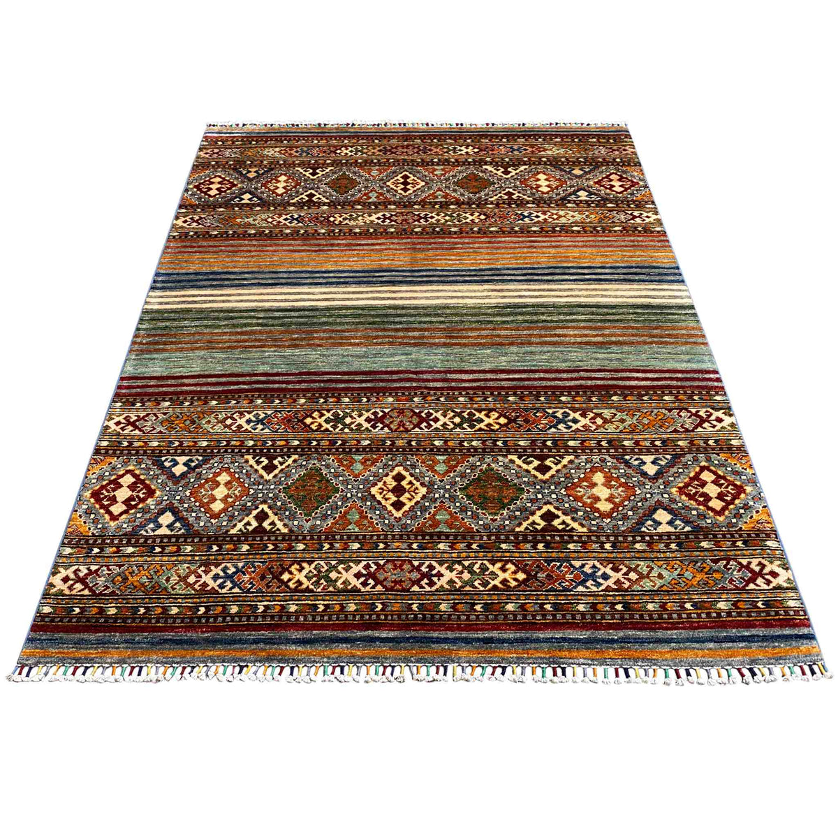 Khorjin rug, with broad stripes, geometric diamonds, and fringes along the edge