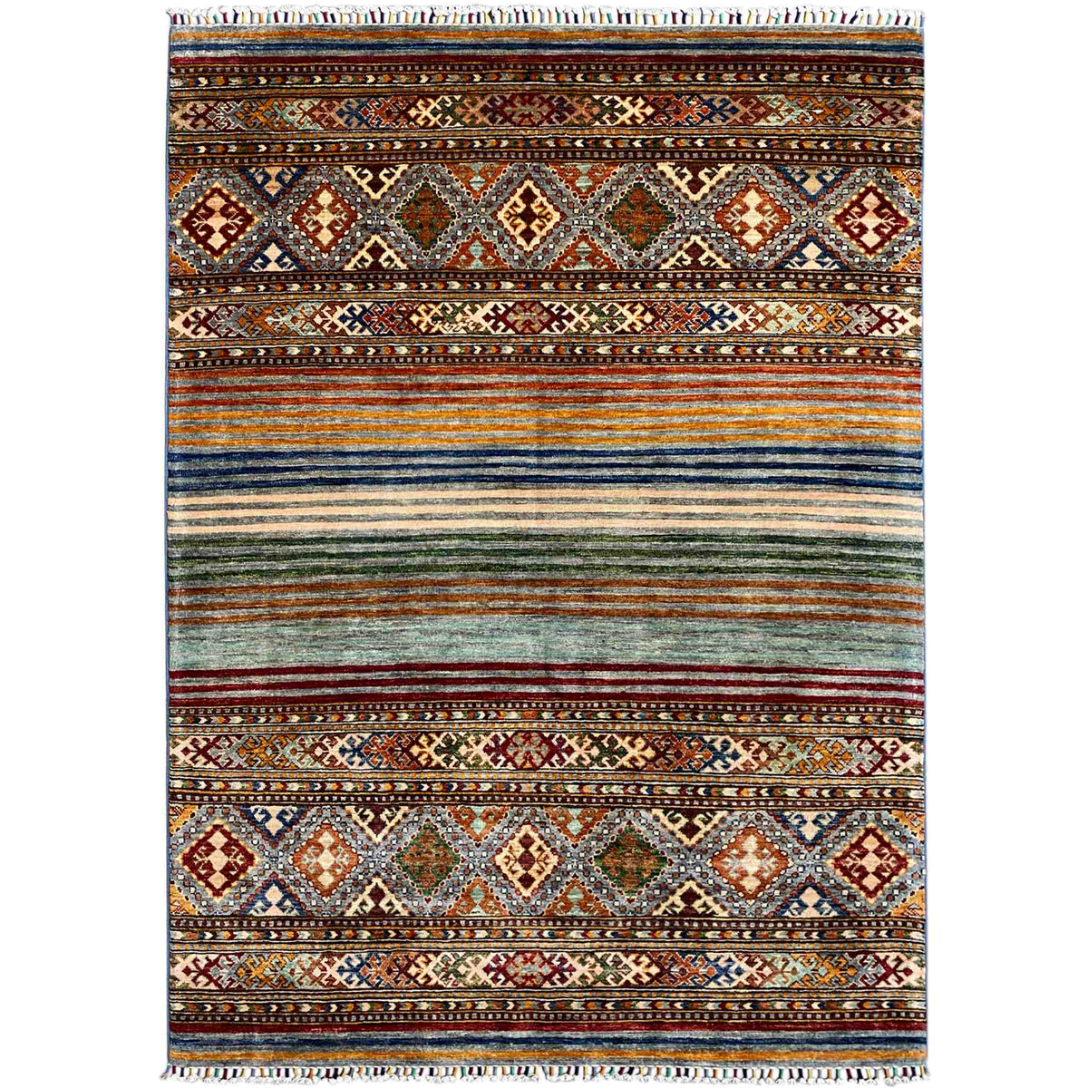 Khorjin rug with bright stripes and a diamond pattern, with fringes along the edge